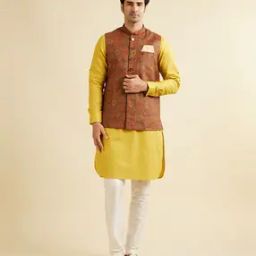 Men Printed Regular Fit Nehru Jacket with Pocket Square & Brooch-44