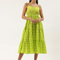 FABRIC FITOOR Lime Green Ethnic Motifs Ikat Printed A-Line Midi Dress-image-4