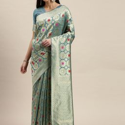 Mitera Teal Blue & Gold-Toned Silk Cotton Woven Design Maheshwari Saree-image-5