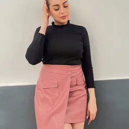 Tokyo Talkies Women Rose Gold-Coloured Pink Solid Slim-Fit Mini Wrap Skirt-image-32