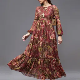 Miss Chase Maroon & Beige Ethnic Motifs Tie-Up Neck Chiffon Maxi Dress-image-7