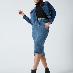 Globus Stretchable Solid Mid-Rise Back Slit Midi Denim Pencil Skirt-image-28