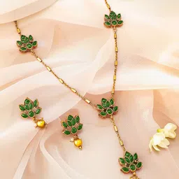 Rubans 22K Gold Plated Emerald Green Studded Layered Lotus Motif Necklace Set-38