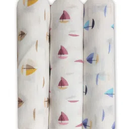 Trance Home Linen 
White Boats Large Size Set of 3 Cotton Baby Swaddle Wrap-10