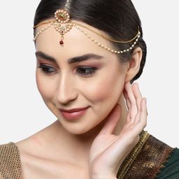 Sanjog Gold-Plated Pink & White Kundan-Studded & Pearl Borla Matha Patti-41