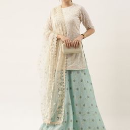 Ethnovog Off White  Turquoise Blue Embroidered Sequinned Made to Measure Lehenga  Blouse With Dupatta-picture-7