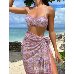 WomanLikeU Pink Printed Bikini Top and Bottom with Sarong (Set of 3)-picture-12