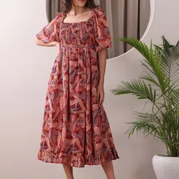 OBSHIVKA Women Ethnic Motifs Print Puff Sleeve Ruffled Fit & Flare Dress-image-28