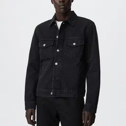 MANGO MAN Black Pure Cotton Sustainable Solid Denim Jacket-image-4