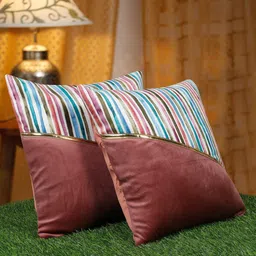 HOSTA HOMES Peach Coloured & Blue 2 Pcs Striped Velvet Square Cushion Covers-54