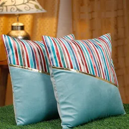 HOSTA HOMES Blue & White 2 Pcs Striped Velvet Square Cushion Covers-27