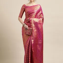 Saree mall Pink & Gold-Toned Woven Design Zari Silk Blend Banarasi Sarees-image-88