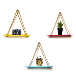 VAH Kya Bat Hai !! Yellow & Red 3 Pieces Wooden Wall Hanging Shelves With Jute Rope-13