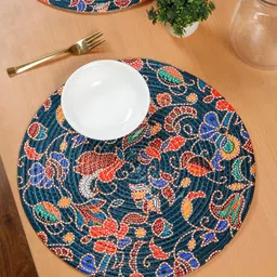 HOSTA HOMES Blue & Orange Floral Printed Cotton Table Placemat-0