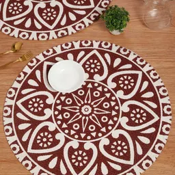 HOSTA HOMES White & Brown Ethnic Motifs Printed Round Cotton Table Placemats-image-10