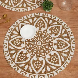 HOSTA HOMES Cream & White 2 Pieces Ethnic Motifs Printed Round Cotton Table Placemats-37