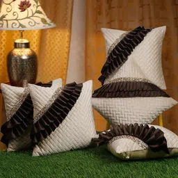 HOSTA HOMES Off White & Brown 5 Pieces Embellished Square Cushion Covers-58