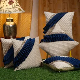 HOSTA HOMES Off White & Navy Blue 5 Pieces Geometric Square Cushion Covers-picture-55