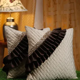 HOSTA HOMES Off White & Brown 2 Pieces Embellished Square Cushion Covers-28