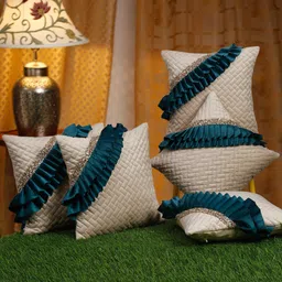 HOSTA HOMES White & Teal 5 Pieces Embellished Square Cushion Covers-41