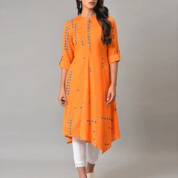 Geometric Print A-Line Kurta with Asymmetrical Hem image 1