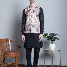 jompers Leaf Print Nehru Jacket with Welt Pockets image 1