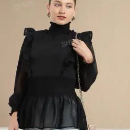 Shein Modest Turtleneck Bishop Sleeves Smocked Waist Tunic Top-image-88