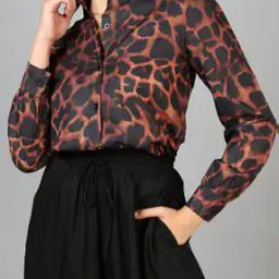 Shein Spread Collar Cuffed Sleeve Animal Print Shirt-image-91