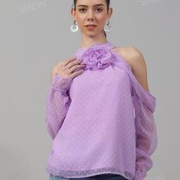 Shein Party Cold-Shoulder Sleeves Swiss Dot Top with Front Flower Design-1