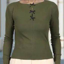 Shein Keyhole Neck Full Sleeves Ribbed Bow Detail Fitted Top-image-85