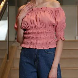 Shein Off-Shoulder Puff Sleeves Peach Smocked Fitted Short Top-image-1