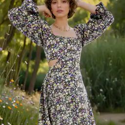 Shein Floral Print Fit & Flare Cutout Dress-image-6
