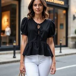 Shein Party Tie-Up Neck Puff Short Sleeve Top-image-79