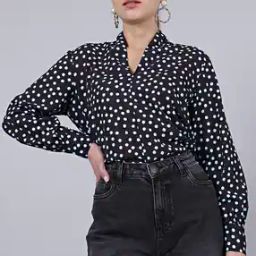Shein Medium Length Cuffed Sleeves Polka-Dot Print Shirt-image-2
