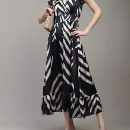 Shein Cap Sleeve Smocked Waist Chevron Print A-Line Dress-image-41
