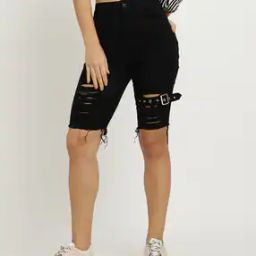 Shein Frayed Hem Distressed Buckle Detail Denim Shorts-image-11