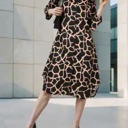 Shein Elegant Knee Length Animal Print Curved Hem Shirt Dress-image-79