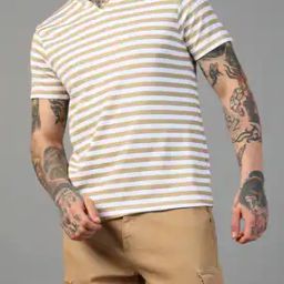 Shein Notched Neck Short Sleeves Striped Tshirt-image-88