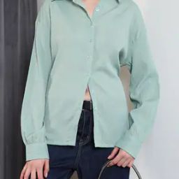 Shein Spread Collar Cuffed Sleeves Textured Shirt-image-95