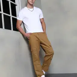 Shein Street Full Length Khaki Relaxed Fit Cargo Trousers with Pockets-image-14