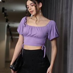 Shein Casual Short Puff Sleeves Blouson Top wih Ruched Tie-Up Sides-48