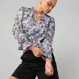 Shein Casual Short Length Full Flounce Sleeve Abstract Print Top-picture-16
