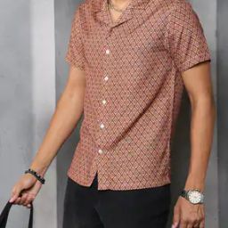 Shein Cuban Collar Short Sleeves Geometric Print Shirt-image-82