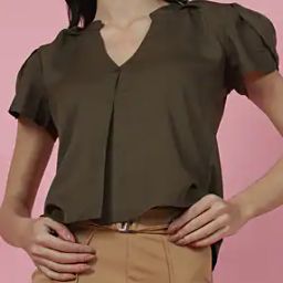 Shein Notched Neck Petal Sleeves Front Pleated Loose Fit Short Top-image-49