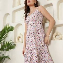 Shein Modest V-Neck Strappy Sleeves Flared Hem Floral Midi A-Line Dress-image-82