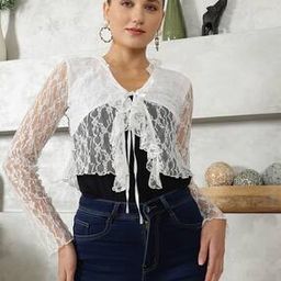 Shein Crop Length Front Tie-Up Ruffled Lace Shrug-9