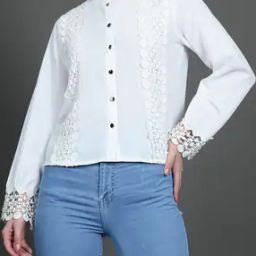 Shein Band Collar Full Sleeves Lace Detail Shirt-image-47