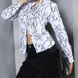 Shein Spread Collar Cuffed Sleeve Abstract Print Fitted Shirt-image-81