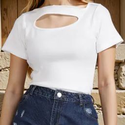Shein Asymmetrical Neck Cut-Out Short Sleeve Fitted Ribbed Top-image-97