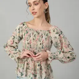 Shein Bohemian Square Neck Peasant Sleeves Floral Print Smocked Top-image-67